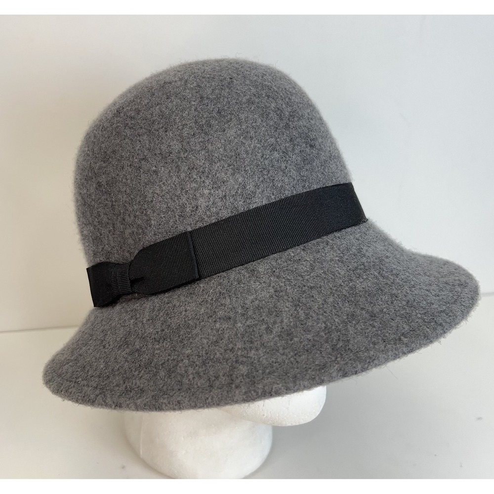 CROFT & BARROW 100% Wool Cloche Hat Bucket Bow Band Bowler Cap 20s Chic Gray